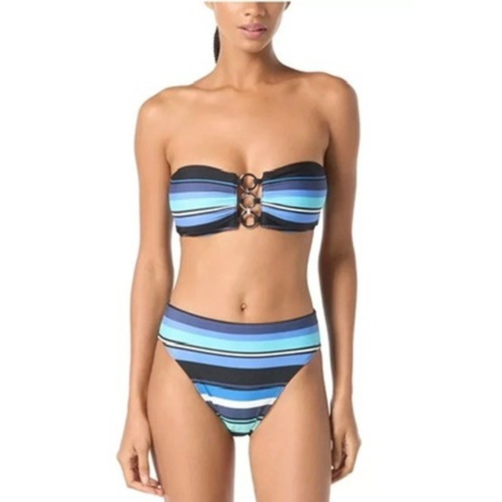 NWT Michael Kors Bikini Swimsuit Women Black Blue Striped Ring Bandeau Set S